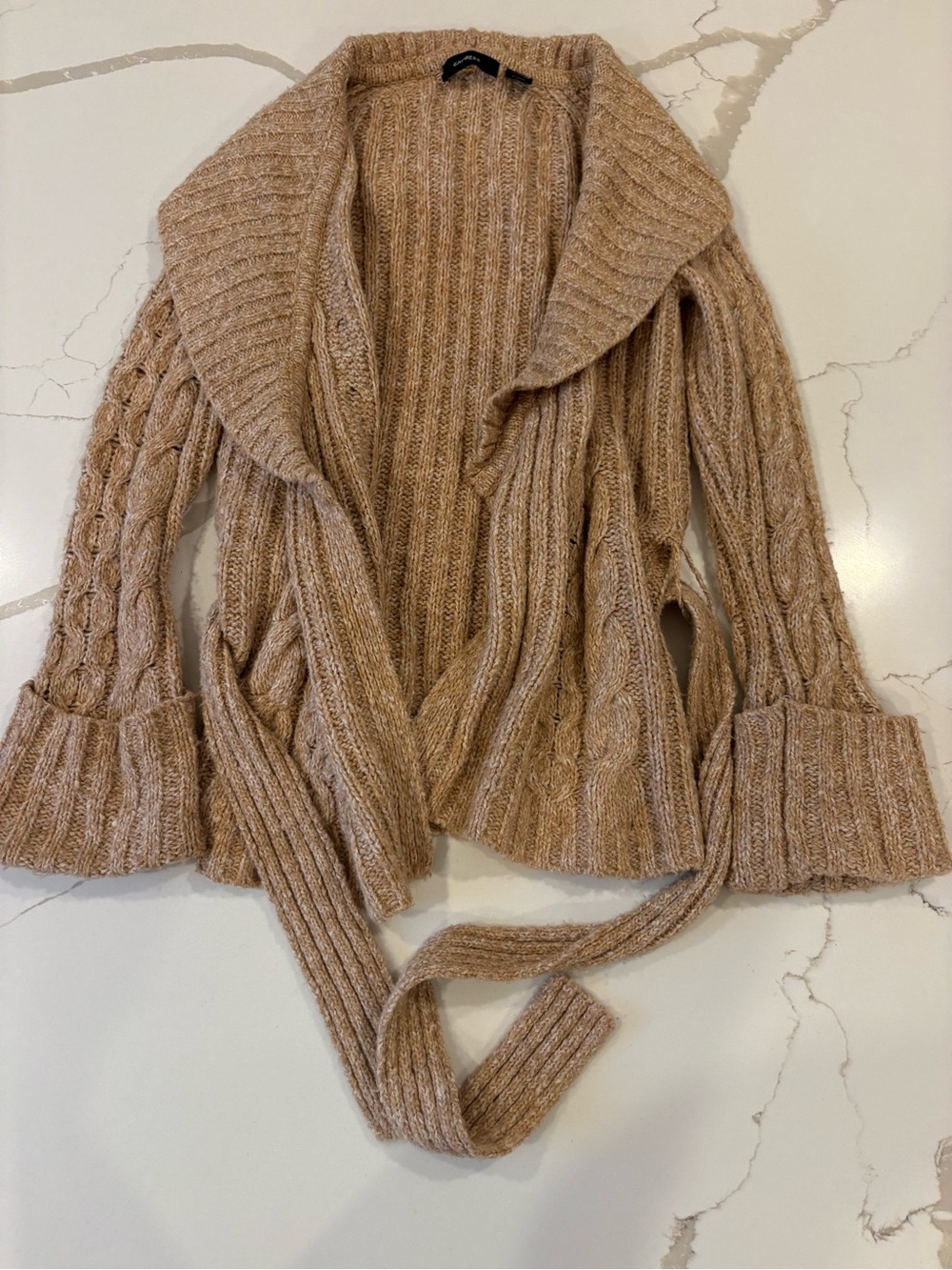 Express Cable Knit Belted Cardigan Sweater Shawl Collar Wool Blend M